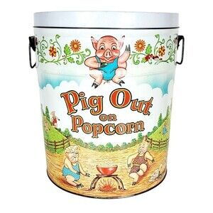 Vintage "Pig Out On Popcorn" Pigs Hogs Piggy Farmhouse Humor Popcorn Tin USA